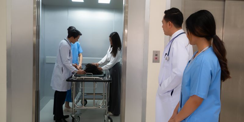 Doctor and patient at hosital elevator